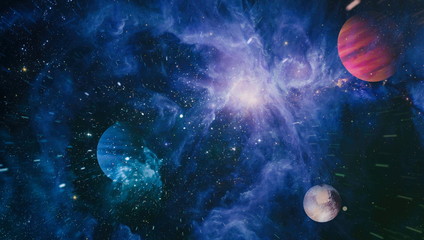 planet and galaxy in a free space. Galaxy creative background. Elements of this image furnished by NASA.