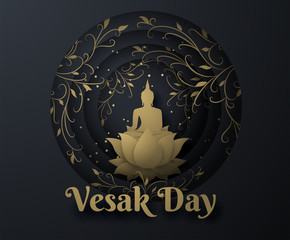 gold buddha on lotus and ivy flower Happy vesak day background.
