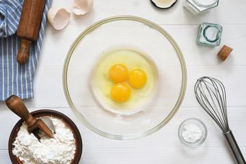 Ingredients for baking on the kitchen table. The process of making tarte.