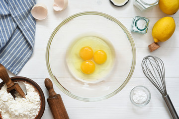 Ingredients for baking on the kitchen table. The process of making tarte.