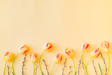 Flat lay easter composition with yellow tulips on a yellow background
