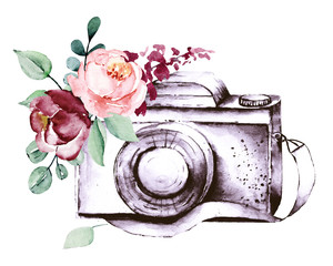 Camera with flowers. Sketch watercolor hand painting, isolated on white background.