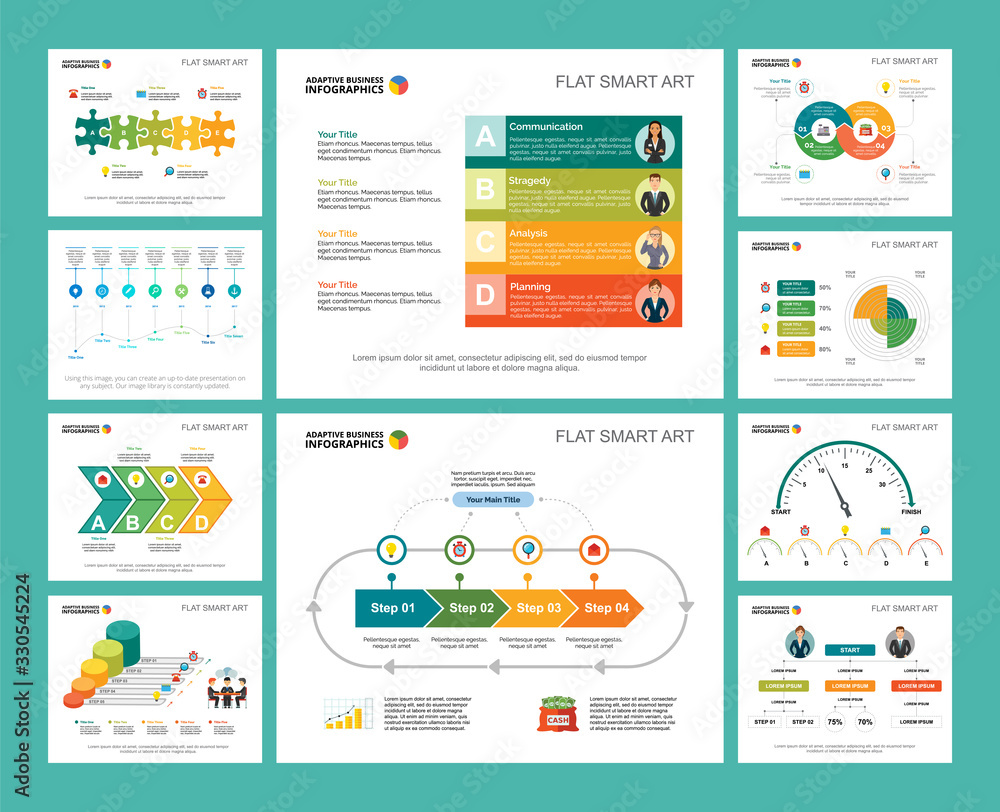 Poster colorful startup or strategy concept infographic charts set. business design elements for presentati