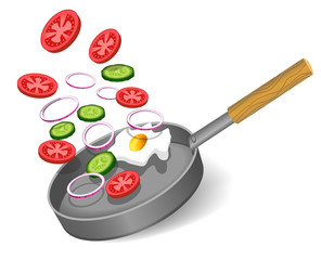 Realistic frying pan and vegetables isolated on white background. Vector illustration