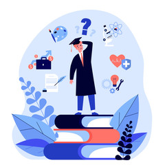 Puzzled student making choice about his future career path flat vector illustration. Young guy choosing college and needing guide from advisor. Education and university concept.