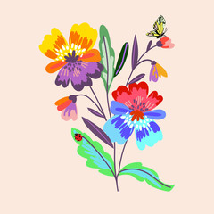 Meadow delicate bouquet with spring flowers and insects butterflies, dragonflies and beetles, spring pattern, for postcards, packaging, web design, vector illustration