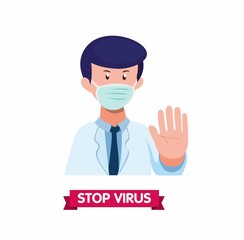 Doctor wearing mask face with hand stop gesture symbol, prevent spread virus infection cartoon flat illustration vector in white background