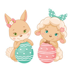 Cute Easter Bunny and Sheep with eggs. Cartoon vector illustration