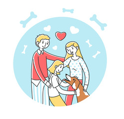 Happy family adopting pet flat vector illustration. Parents and child greeting dog. Abstract image of people with hound. Charity and animal adoption concept.