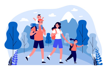Active happy family travelling together in mountains flat vector illustration. Father, mother and children hiking and camping with backpack at nature. Trip and holiday concept.