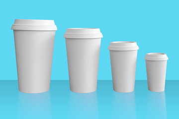 Blank white disposable paper cup many size with lid mockup isolated for Logo mock up design coffee cafe package, 3d rendering