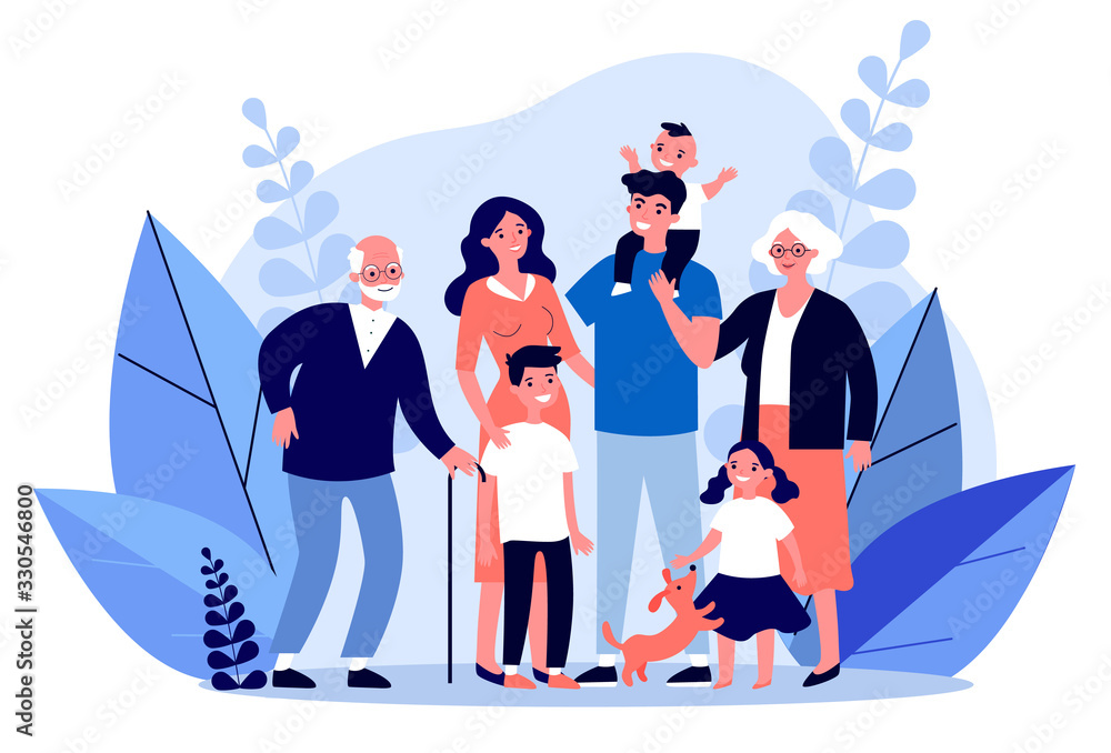 Wall mural Happy big family standing together flat vector illustration. Grandma, grandpa, mom, dad, children, and pet. Smiling cartoon characters gathering in group.