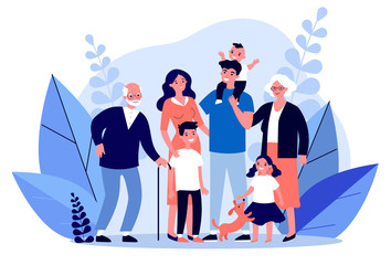 Happy big family standing together flat vector illustration. Grandma, grandpa, mom, dad, children, and pet. Smiling cartoon characters gathering in group.