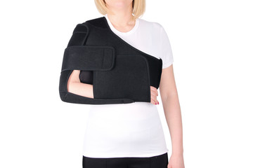 Shoulder Joint Brace. Bandage on the shoulder joint (scarf) with additional fixation. Deso's Handwrap. Supports & Immobilizers. Orthopedic medical Braces. Shoulder injury. - obrazy, fototapety, plakaty