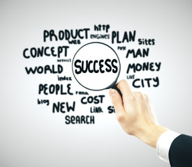 Magnifier lens in hand looking at success text.