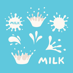 White milk splash set. Bolt on blue background - obrazy, fototapety, plakaty