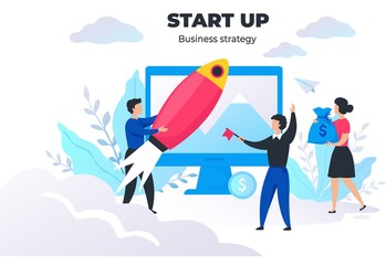 Start up people concept. Project management and business strategy, meeting and communication. Vector image digital marketing successful brand creativity startup