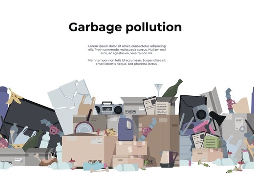 Garbage background. Seamless pattern with plastic paper organic metal and toxic waste, trash texture. Vector poster with pile of rubbish on white background, as a problem of environmental pollution