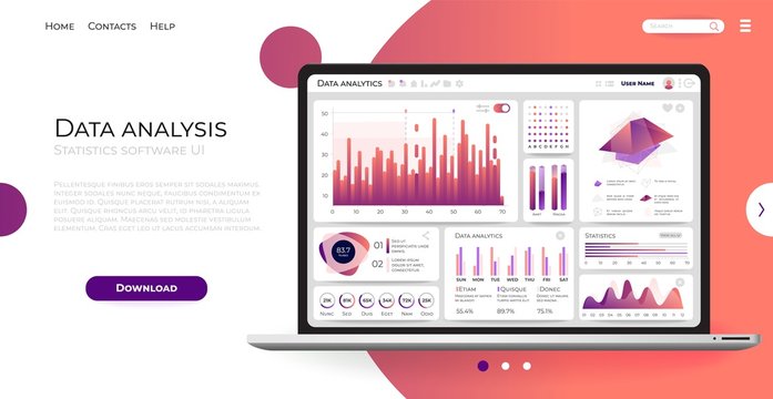 Laptop UI. Realistic mockup with infographic template, data visualization with diagrams bar and charts. Vector illustration user interface simple design panel websites