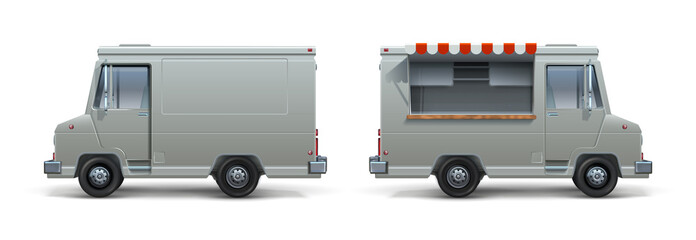 Realistic food truck. Ice cream pizza and street food white trailer for corporate identity, mobile kitchen on wheel with open window. Vector set isolated mobile truck express eating © SpicyTruffel