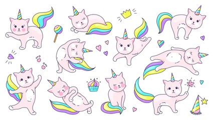 Unicorn cat. Cute doodle animal with kawaii face, hand drawn kitty character set for children illustration in pastel colors. Vector funny cuteness cats posing set for magic stickers
