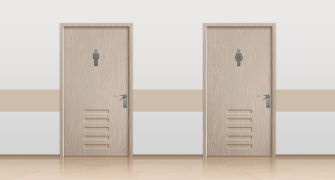 Toilet doors. Realistic interior mockup with closed bathroom doors for men and women visitors. Vector toilet entrance with placing signs public wc