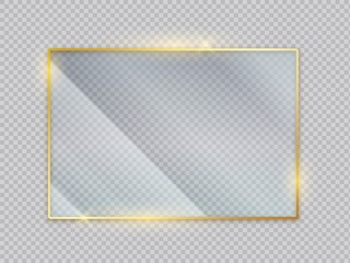 Gold glass transparent banners. Golden frame with glare reflection effect. Vector image square acrylic isolated screen front view with crystal display