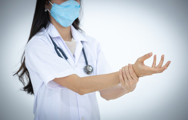 The female doctor taught how to wash hands properly with alcohol gel. To prevent covid-19, corona ,...