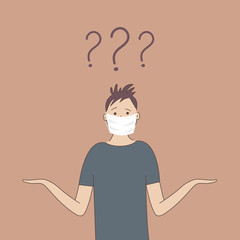 Cute boy in protective medical mask shrugs with naive curious funny face and arms apart. Three question marks above head.The concept of man in search of answer to complex question.Vector.Hand drawn