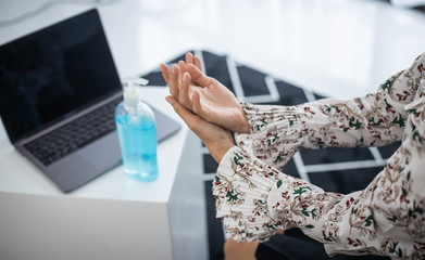 Women working to clean hands with alcohol gel To prevent pathogens covid-19