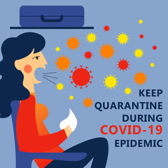 A square vector image with an infected woman being in the public transport. Keep quarantine during the coronavirus epidemic.