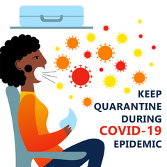 A square vector image with an infected person being in the public transport. Keep quarantine during the coronavirus epidemic.