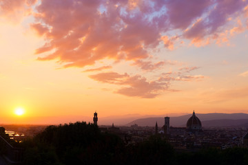 Dark shadow Panoramic sunset view of Florence, Ponte Vecchio, Palazzo Vecchio and Florence Duomo, Italy Wow sky