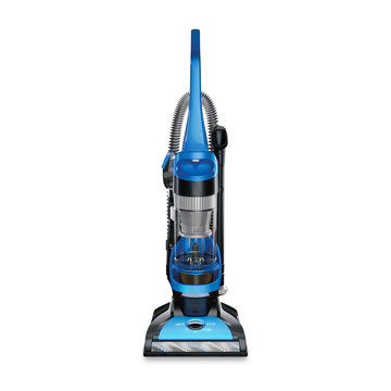 Bagless Upright Vacuum Cleaner Isolated on White Background. Black and Blue Hoover. House Cleaning Equipment Tool. Electric Domestic Major Appliances. Household and Home Appliance