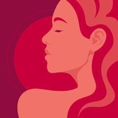 Portrait of a relaxed adult girl with closed eyes. Profile of a young woman on summer vacation. Resorts and beaches. Sunset. Vector illustration in flat style.