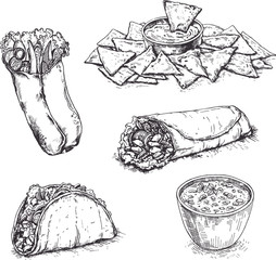 Mexican traditional food. Hand drawn sketch vector illustration. Vintage Mexico cuisine set.Taco,nachos,burrito.
