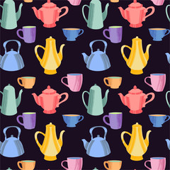 Kitchen seamless pattern of decorative colorful cups, mugs and teapots.