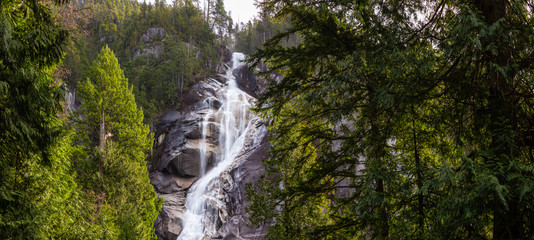 Panoramic View of Shannon Falls during a sunny and cloudy winter day. Squamish, British Columbia,...