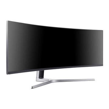 Curved Gaming Monitor Isolated On White. Slim Design Ultrawide 4K UHD TV Screen LED Tele. Side View Of Flat Monitor Screen Television With Blank Anti-Glare Display. Brand New Black HD Widescreen Telly