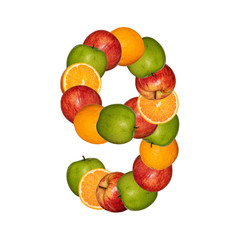Numeral nine made of colorful fruits, collage Isolated on white background.
