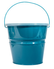 Blue green pail with plastic lid. Citronella lemongrass candle. Isolated.
