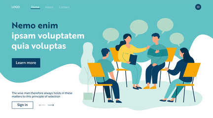 People suffering from problems, attending psychological support meeting. Patients sitting in circle, talking. Vector illustration for group therapy, counseling, psychology, help, conversation concept