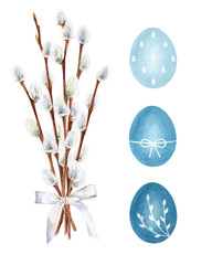 Watercolor Easter illustrations: willow branches tied with a white bow and blue painted eggs with decor © Irina Violet