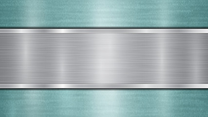 Background consisting of a light blue shiny metallic surface and one horizontal polished silver plate located centrally, with a metal texture, glares and burnished edges