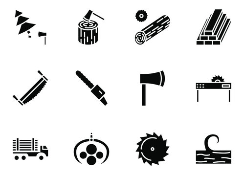 Logging line icon set isolated over white, forestry equipment, logging truck, timber, wood, lumber, tools. Vector illustration