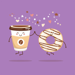 Vector illustration of coffee to go cup and a creamy donut with chocolate. Kawaii food characters. Couple of smiling hot beverage and a sweet snack. Cute card and poster design for a cafe or a bakery.