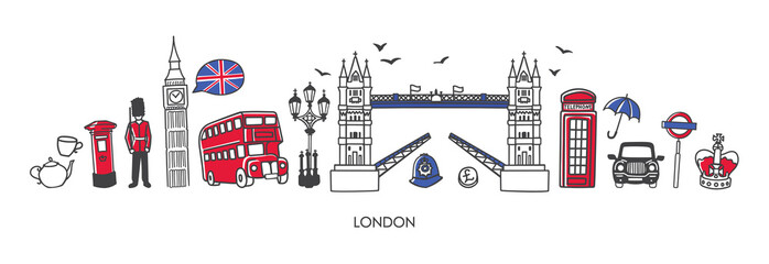 Modern vector illustration London, the United Kingdom. Famous British attractions and places of interest in trendy line style. Horizontal skyline banner for souvenir print design or city promotion. - obrazy, fototapety, plakaty