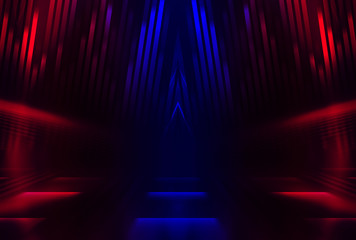 Background empty show scene. Ultraviolet dark abstract background. Geometric neon shapes, neon glow, smoke. Reflection of light on the pavement