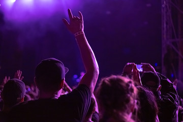 Fototapeta na wymiar man raised his hand up at a music concert