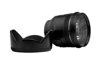  lens with a lens hood for the camera on a white background